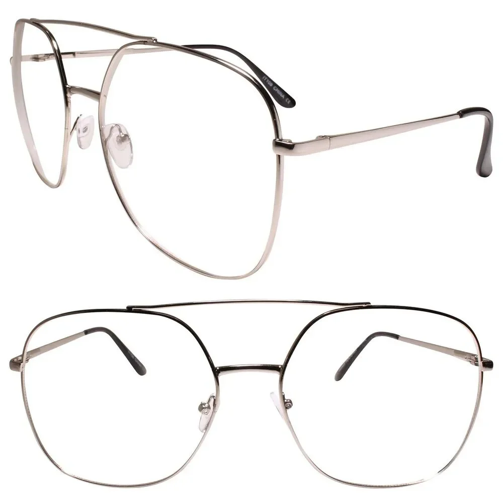Oversized Exaggerated Mens Womens Square Silver Frame Clear Lens Glasses